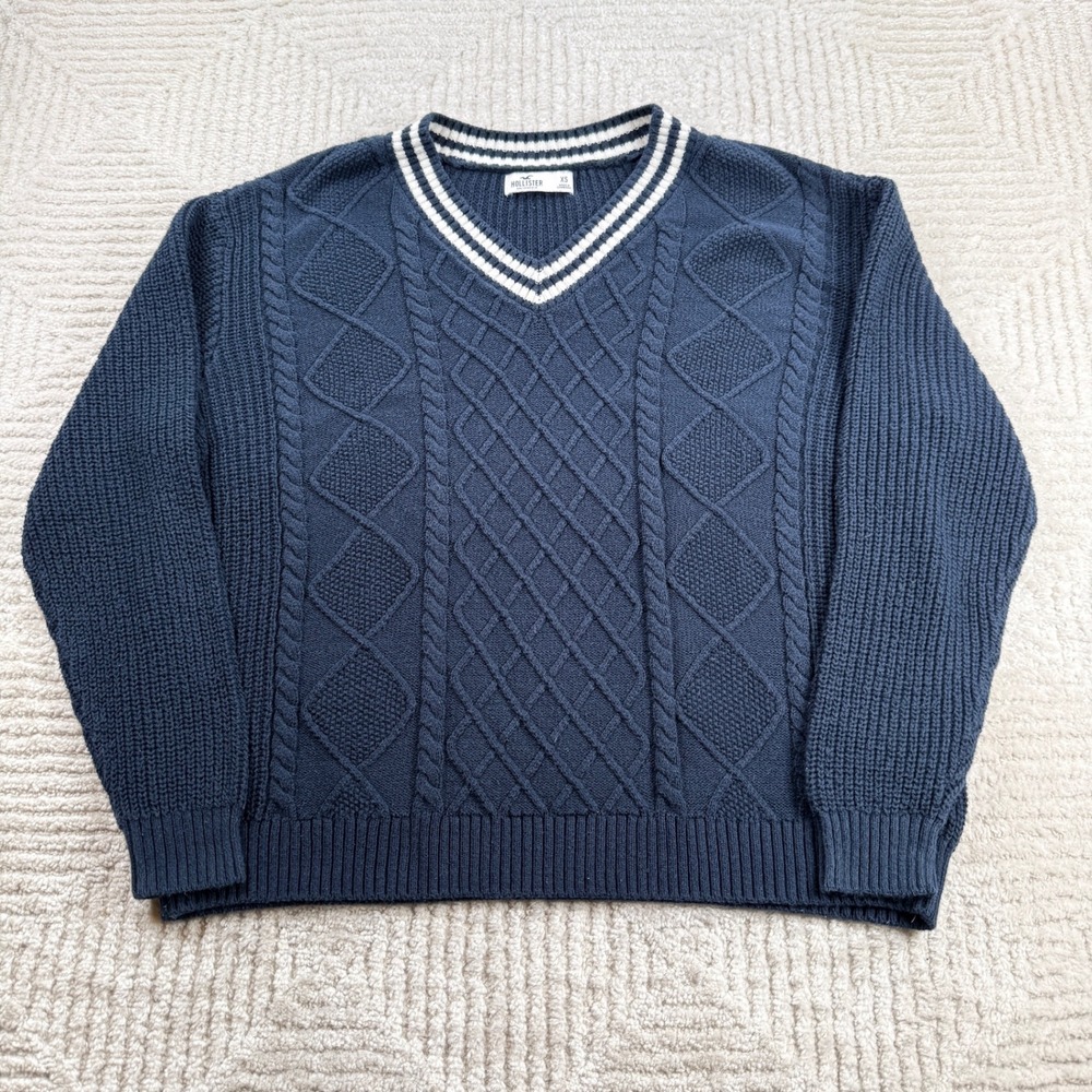 Hollister Cable Knit Sweater Womens XS Navy Blue Preppy Striped Nautical Classy